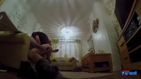 Blonde with fishnets jerking off and giving blowjob on couch