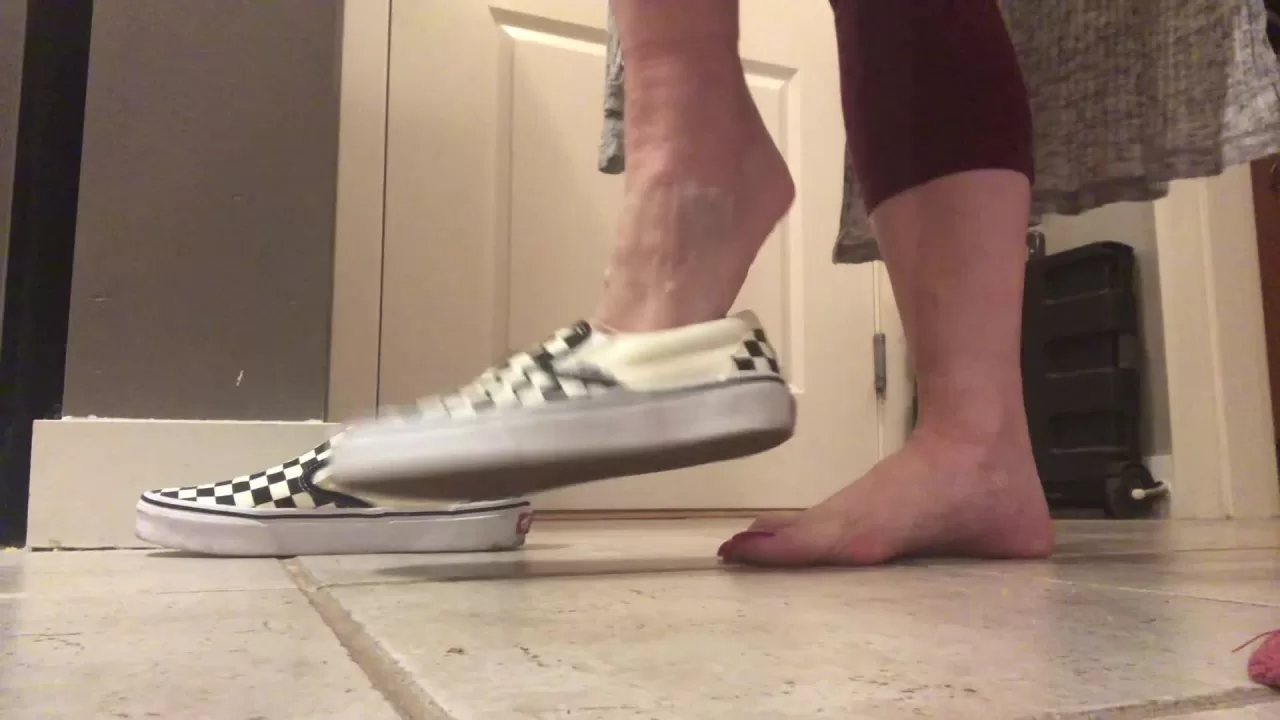 Slim White Girl Tries On Shoes Barefoot With Pink Toenails