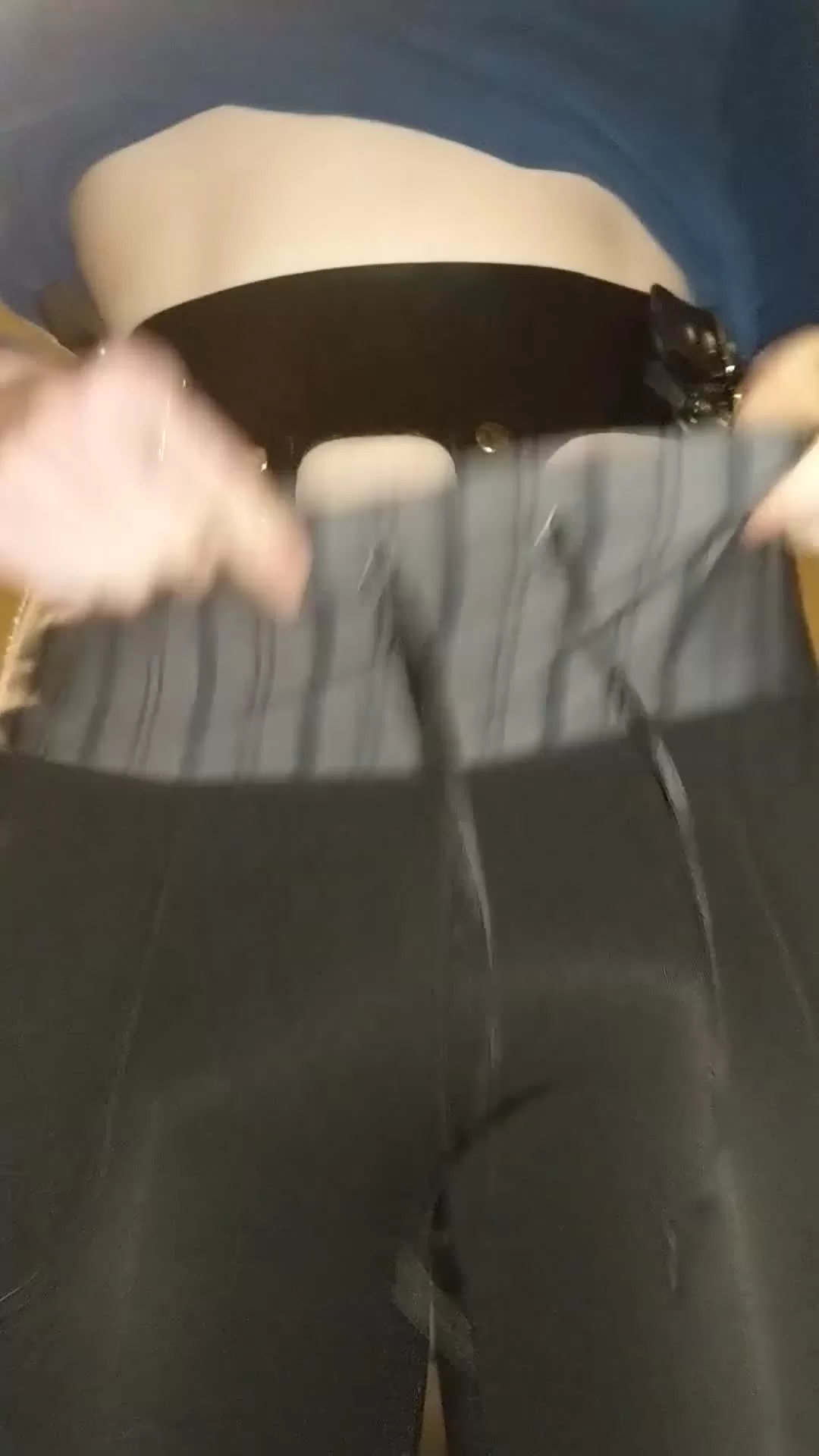 Blonde Teases in Black Leather Straps and Lace Underwear