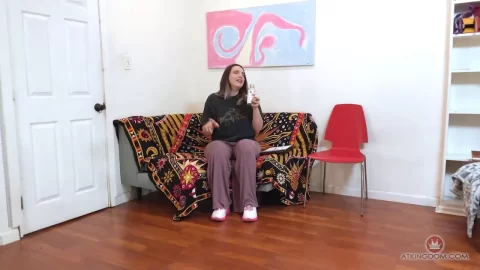 Curvy brunette on couch jerking off then playing with herself naked