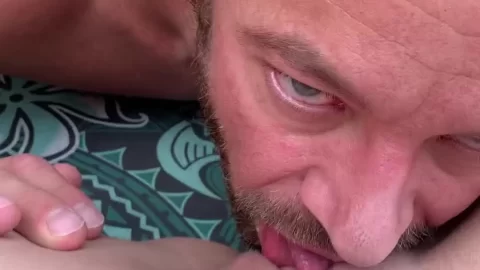 POV Oral Sex with Blonde Woman and Bearded Man in Bedroom