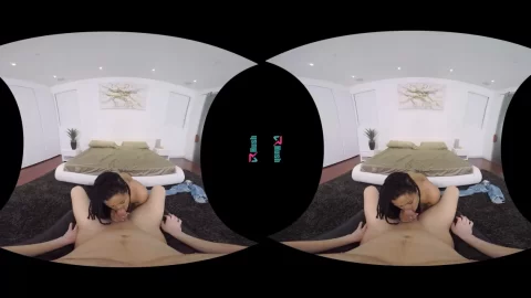 Two Asian girls, one with long black hair and big tits, swap positions