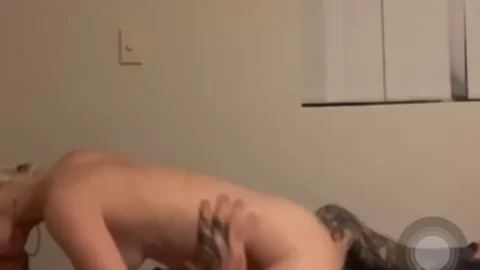 Blonde riding and sucking thick tattooed guy on bed