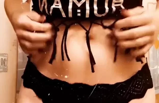 Brunette Teen Flashes Big Tits in Bedroom With Posters