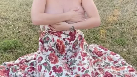 Teen girl exposes tits outdoor with dogs