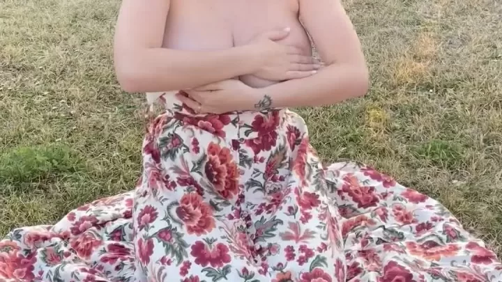 Teen girl exposes tits outdoor with dogs
