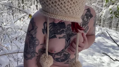 Redhead teen topless in snow outdoor
