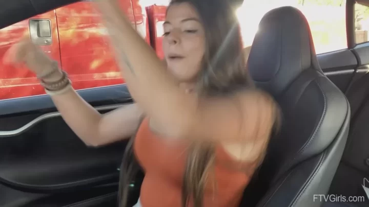 Brunette with tattoos fucks in a car