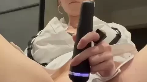 Blonde girl with glasses plays with herself