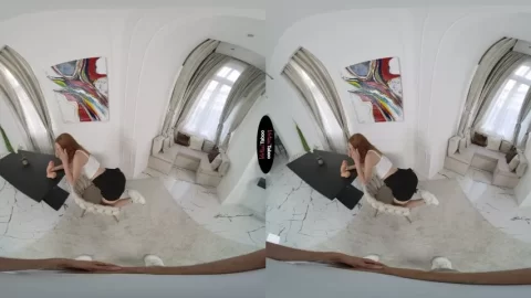 Redhead girl masturbates on couch