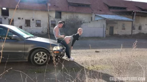 Redhead gets oral outdoors then fucks on a bed
