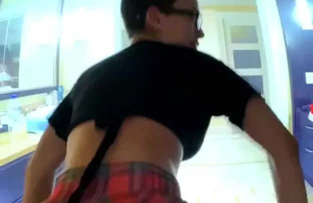 Slim White Girl with Glasses Dances and Shakes Butt