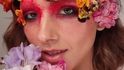Slender White Girl with Floral Crown Poses and Plays with Flowers