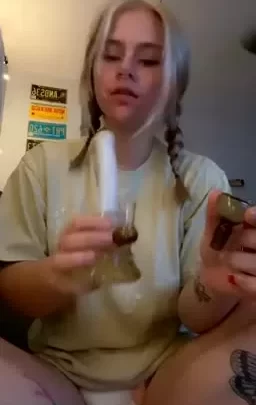 Blonde Petite Girl Smokes Bong and Dabs