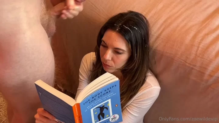 Brunette woman reads while guy exposes himself