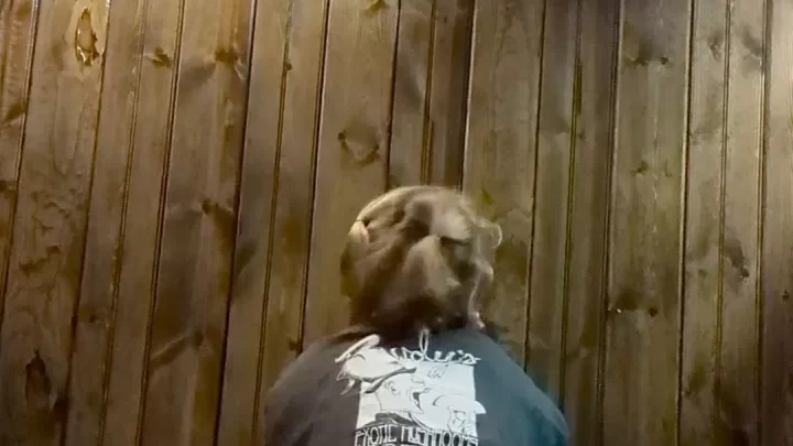 Blonde girl bends over, shows butt