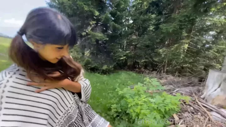 Asian Girl with Ponytail Fucks in Grass Field