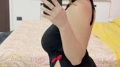 Teen brunette takes selfie while on her knees