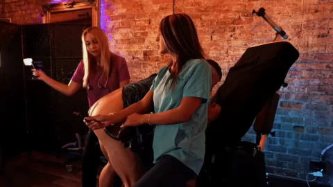 Blonde and brunette tease a white guy