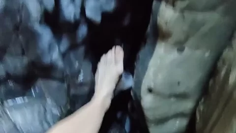 Asian girl fucks herself in cave
