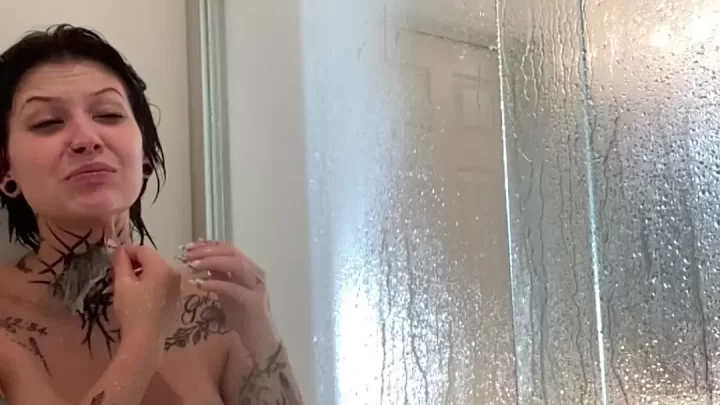 Slim White Girl with Tattoos Showering and Shaving