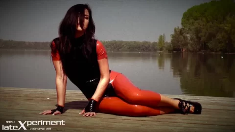 Brunette teen with tattoo fucks on lake dock