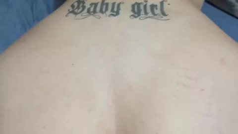 Asian girl with ‘Baby girl’ tattoo on back gets fucked doggy style