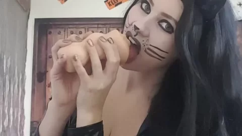 Teen with cat ears fucks herself with toy