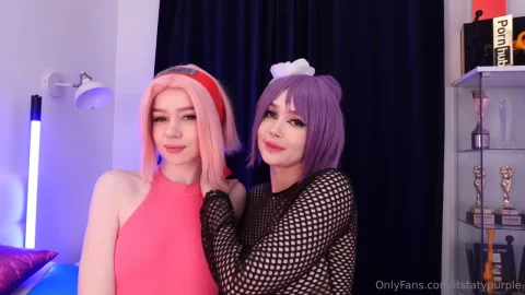 Two Blonde Girls in Wigs Get Intimate