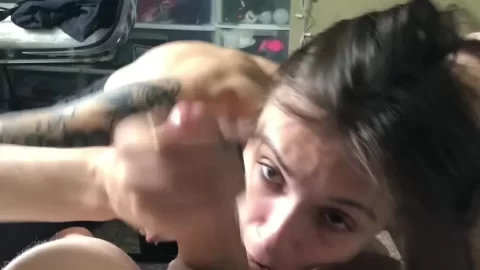 Brunette girl gets blowjob from white guy