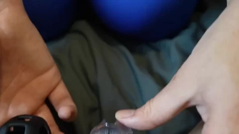 Brunette locks clear cock cage play