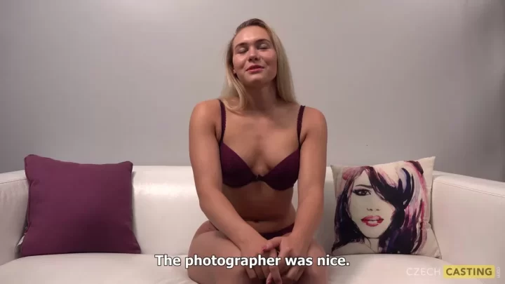 Blonde Girl Talks Then Strips on Couch