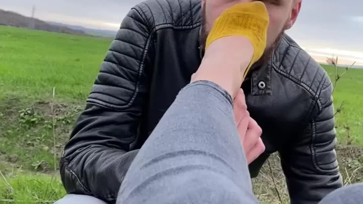 Brunette Girl Plays with Guy in Park