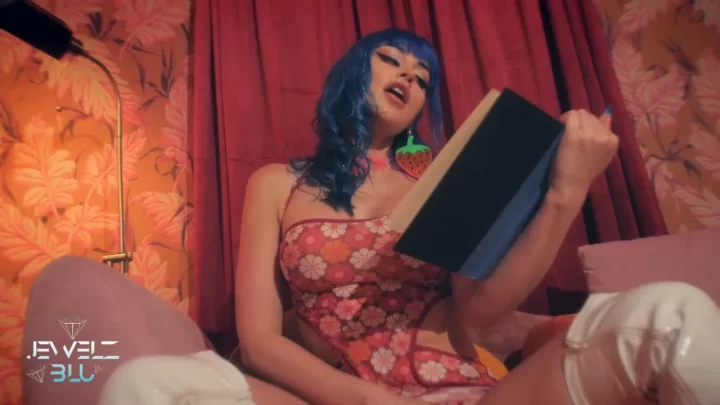 Slim 20s girl with blue hair reads in library then bedroom