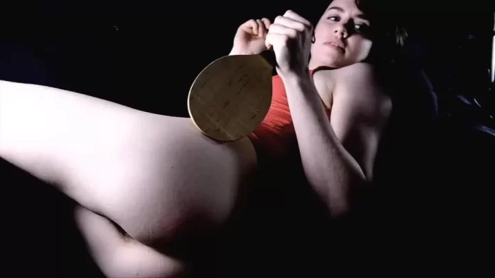 Brunette with tattoo fucks with wooden object