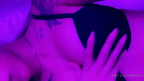 Slim white girl with tattoos touches herself in bedroom