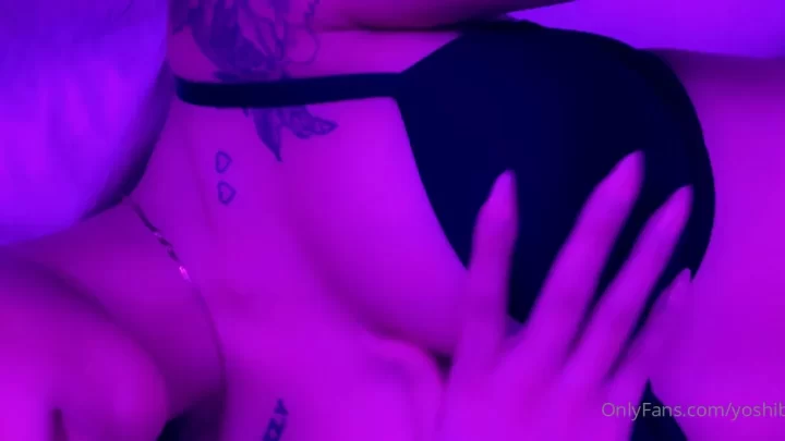 Slim white girl with tattoos touches herself in bedroom