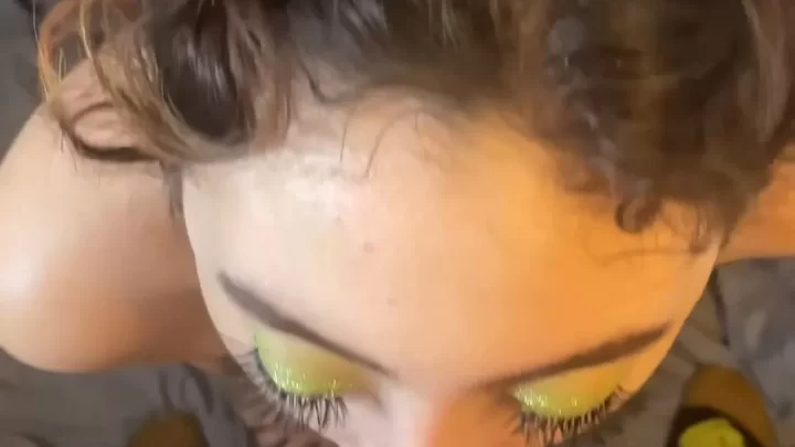 Brunette girl gives blowjob to hairy guy