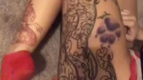 Slim white girl with thigh tats gets up close