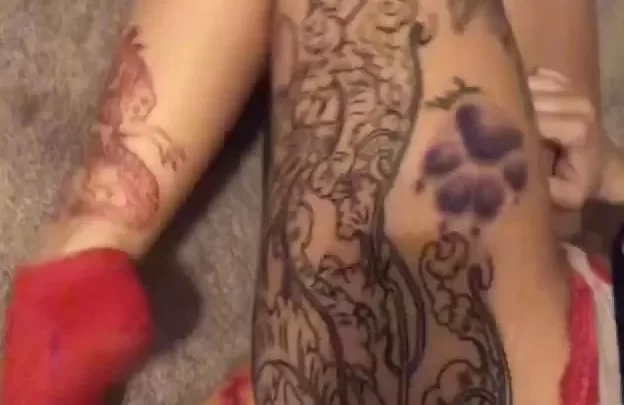 Slim white girl with thigh tats gets up close