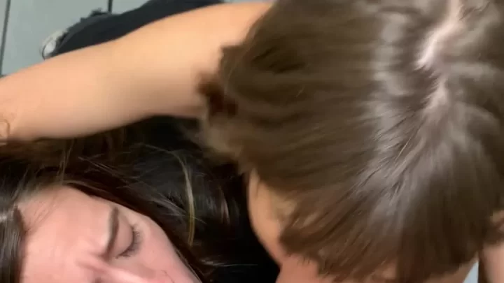Brunette threesome with oral and stripping